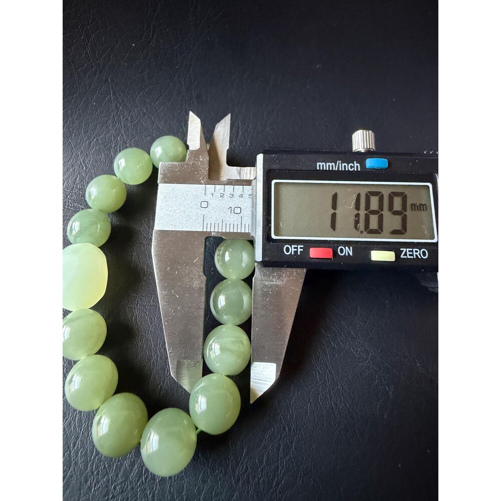 Natural Jade Beaded Bracelet 12mm Icy Celadon Green Beads W/ Faceted Focal Jade - Picture 7 of 9